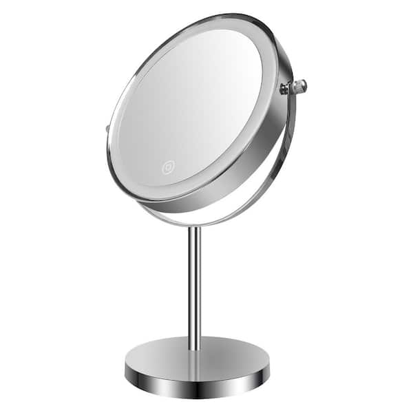 small round makeup mirror on a stand with built in lighting