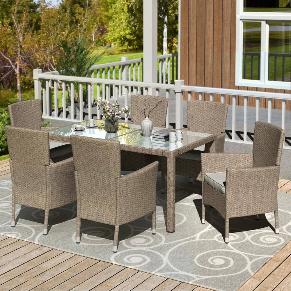 Beige-Brown 7-Piece PE Wicker Outdoor Dining Set, Patio Dinning Table and Chairs with Beige Cushions -  Afoxsos, HDMX-032