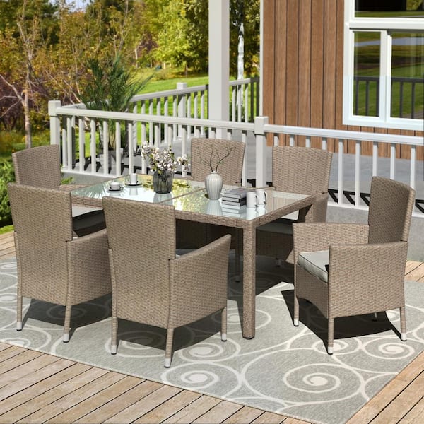 Afoxsos Beige-Brown 7-Piece PE Wicker Outdoor Dining Set, Patio Dinning Table and Chairs with Beige Cushions