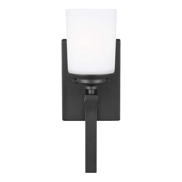Generation Lighting Kemal 5 in. 1-Light Matte Black Traditional Wall Sconce Bathroom Vanity Light with Etched White Glass Shade