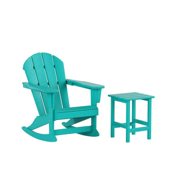 Laguna HDPE Poly Plastic Outdoor Patio Classic Adirondack Porch Rocking Chair with Side Table Set in Turquoise