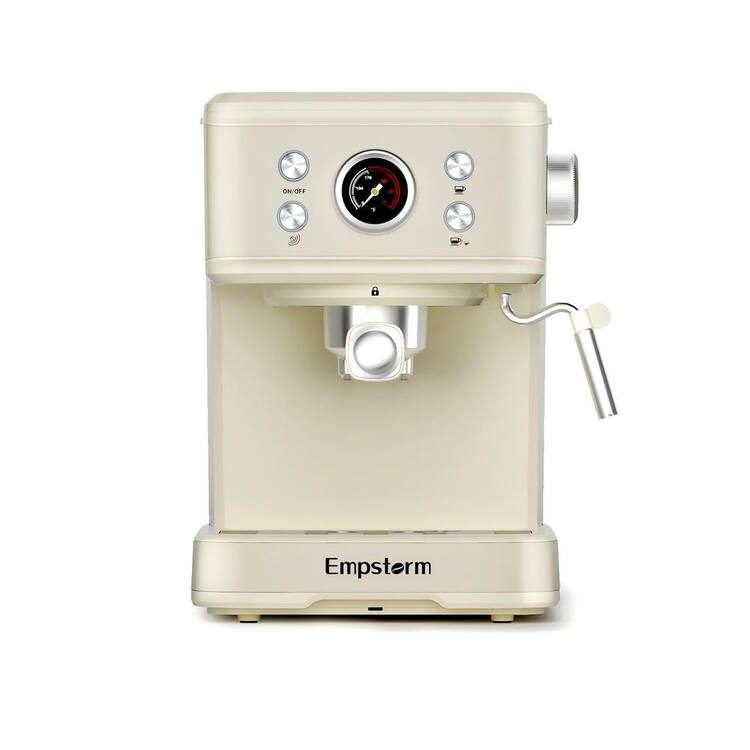 JEREMY CASS 20-Bar 2 Cups Ivory Painted Semi-Auto Espresso Machine and Cappuccino Maker with Built-in Thermometer and Manual Frother