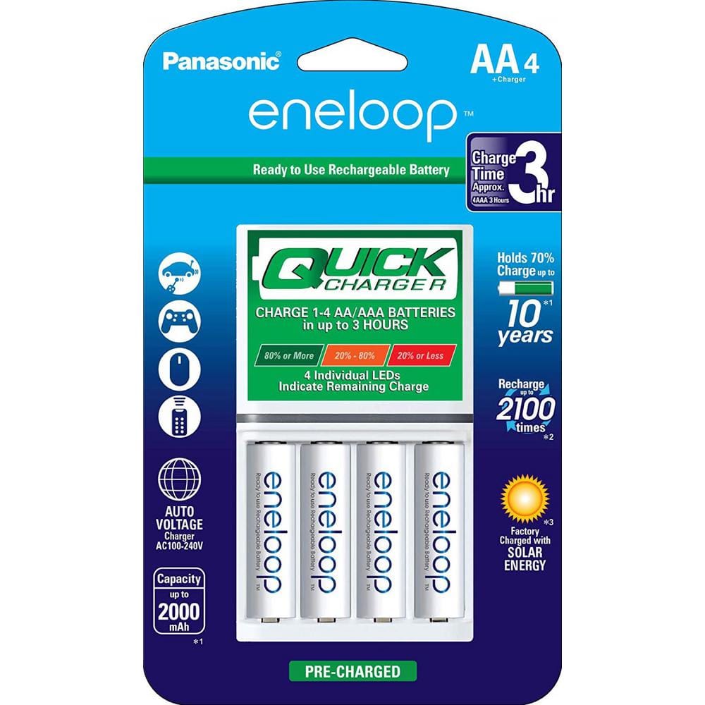 Panasonic Eneloop Rechargeable Batteries AA 4-Pack with Individual Quick Charger - K-kj55mca4ba