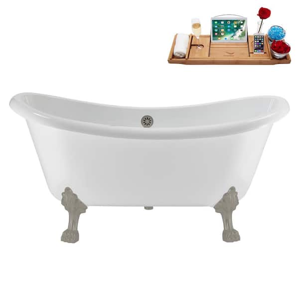 59 in. x 28 in. Acrylic Clawfoot Soaking Bathtub in Glossy White with Brushed GunMetal Drain, Brushed GunMetal Clawfeet