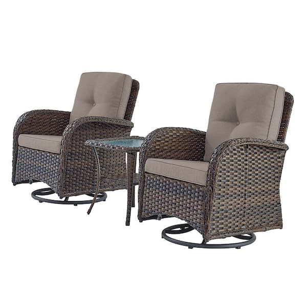 Pocassy Brown 3-Piece Wicker Patio Conversation Set with Gray Cushions and Coffee Table All-Weather Swivel Rocking Chairs