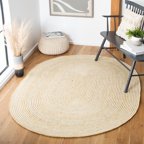 Braided Gold Ivory 5 ft. x 7 ft. Abstract Striped Oval Area Rug