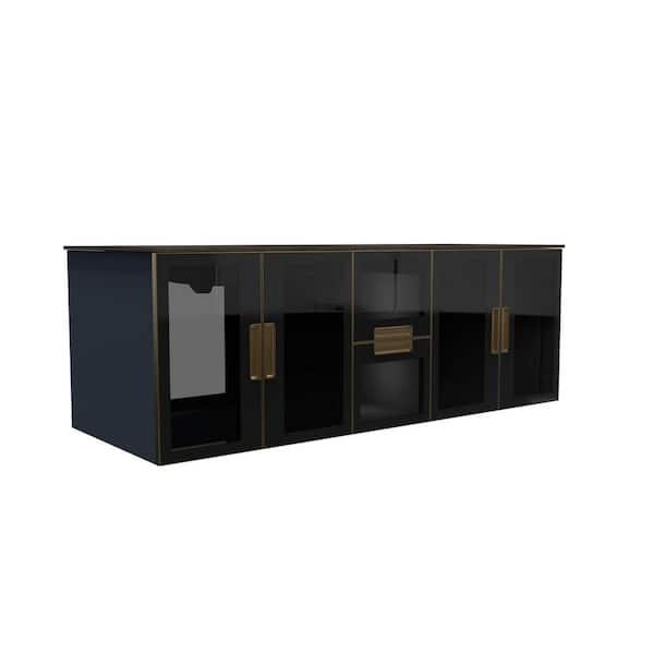 castellousa Solaria 60 in. W x 22 in. D x 20.9 in. H Single Floating Bath Vanity Blue in Gold Trim with Rustic Black Porcelain Top