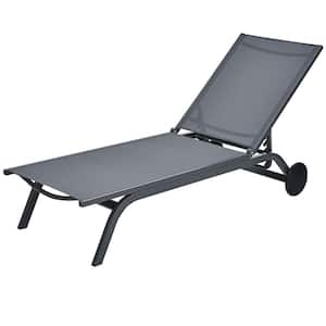 Gray Metal Patio Outdoor Lounge Chair Recliner Chaise Lounge with Wheels