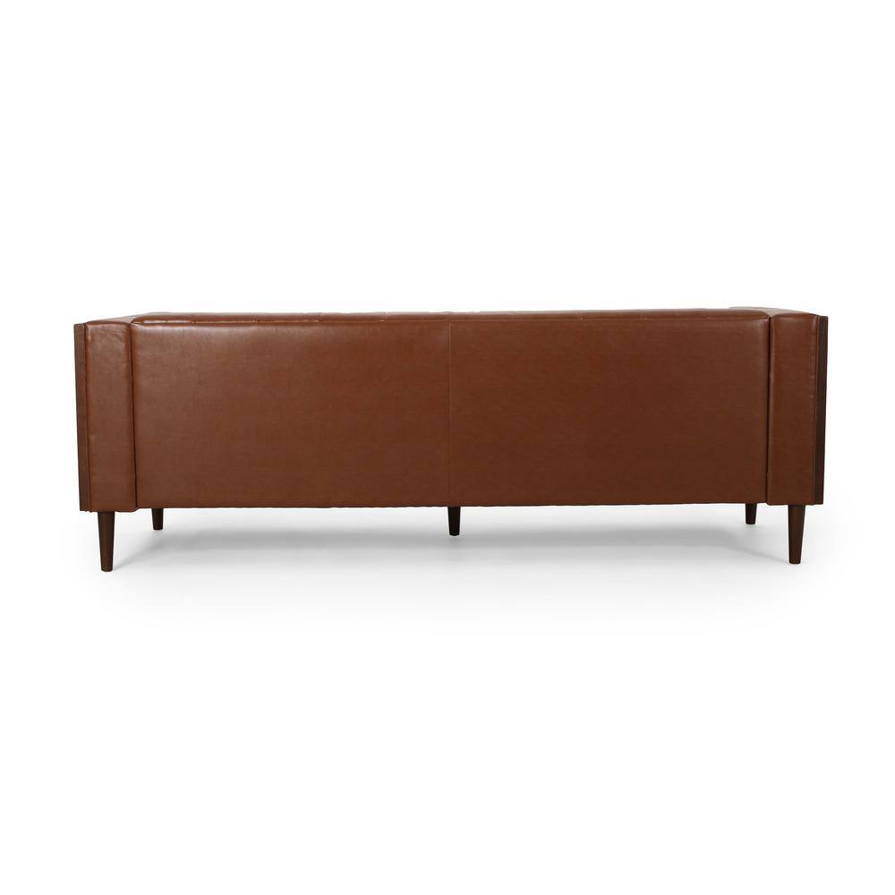 Cognac Brown Tufted Faux Leather 3-Seater Tuxedo Sofa with Wood Accents