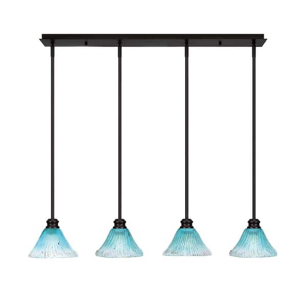 Unbranded Albany 60-Watt 4-Light Espresso Linear Pendant Light with Teal Crystal Glass Shades and No Bulbs Included