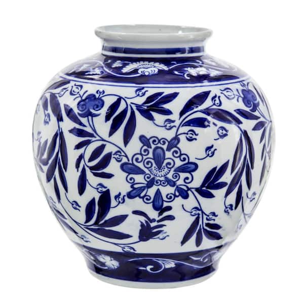 Benjara Blue and White Urn Porcelain Vase with Blue Persian Print and Flared Opening