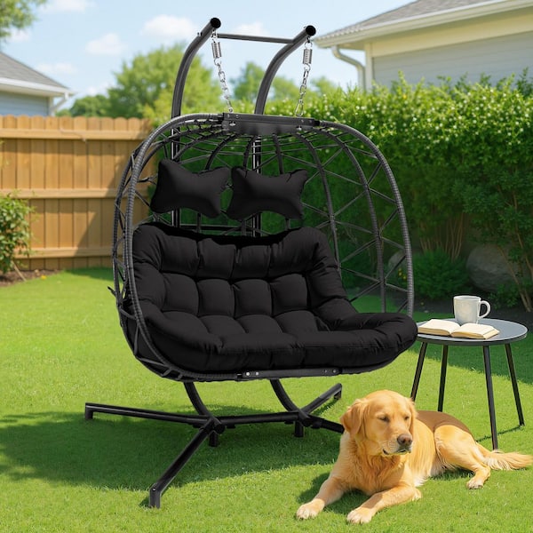 FINCATI Oversized 2-Person Patio Gray Wicker Hanging Egg Swing Chair Indoor Outdoor Porch Lounge with Stand and Black Cushion