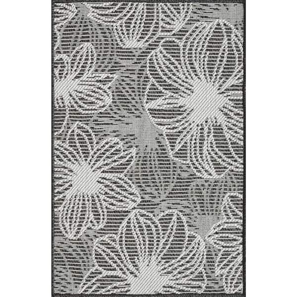 LOOMAKNOTI Breyleigh Cerimia Gray 2 ft. x 3 ft. Floral Polypropylene Indoor/Outdoor Area Rug
