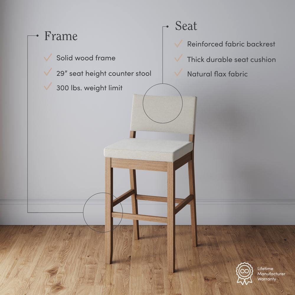 Linus Light Brown Rubberwood Bar Stool with Flax Upholstery