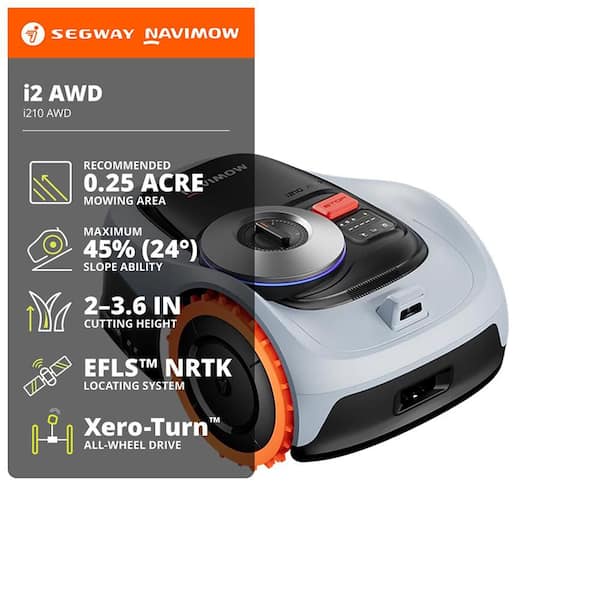 i210 AWD 7.1 in. Robot Lawn Mower (1/4 Acre) RTK + Vision, Auto Mapping, App Control, Multi-Zone, AI Obstacle Avoidance