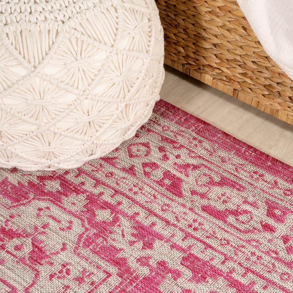 Fuchsia and Light Gray Medallion Square Outdoor Rug - 5' Synthetic