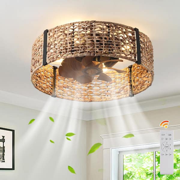 20 in. Indoor Brown Ratten Caged Reversible Flush Mount Ceiling Fan with Remote Included for Bedroom or Living Room