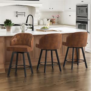 26 in. Brown Faux Leather Metal Frame Upholstered Counter Height Swivel Bar Stools With Bronze Rivets Set of 3