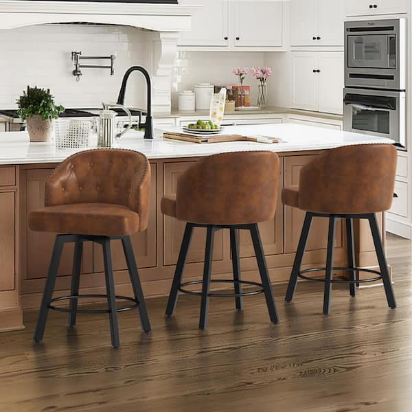 LUE BONA 26 in. Brown Faux Leather Metal Frame Upholstered Counter Height Swivel Bar Stools With Bronze Rivets Set of 3