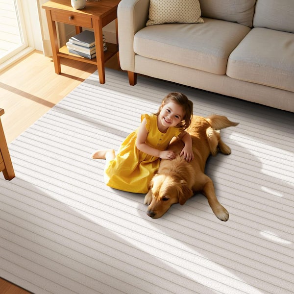UltraPlush Touch8 ft. x 10 ft. White Non-Slip Rubber Back Washable Polyester Stripes Indoor Area Rug