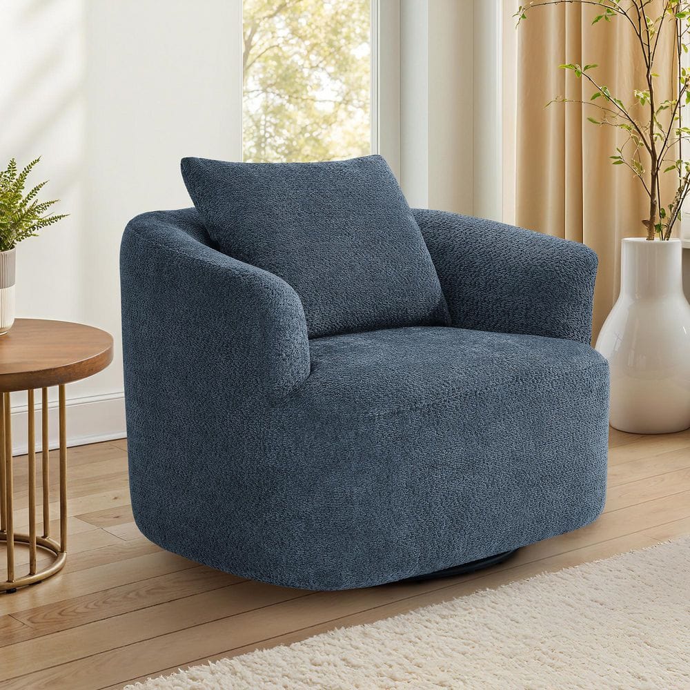 Navy Chenille Fabric 360°Swivel Barrel Arm Chair U-shaped Swivel Accent Chair with Metal Base