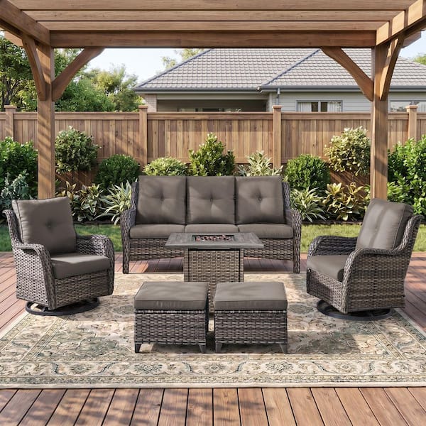 ArcoBay 6-Piece Gray Wicker Patio Square Fire Pit Conversation Set with Gray Cushions and Swivel Rocking Chairs