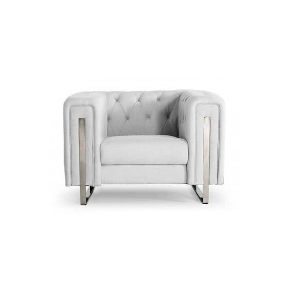 Benjara White and Chrome Leather Accent Chair with Tufted Backrest