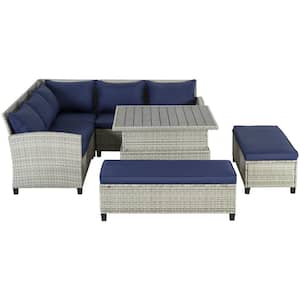 Modern 6-Piece Gray Wicker Patio Conversation Set with Blue Cushions and Lift Table