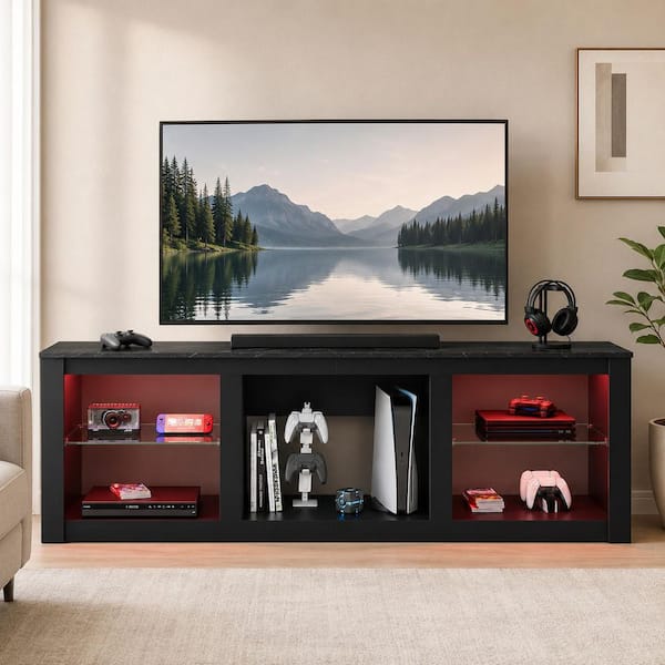 70 in. Black Marble Color TV Stand Fits TV's up to 75 in. with Tempered Glass Shelves LED Lights and Large Open Storage