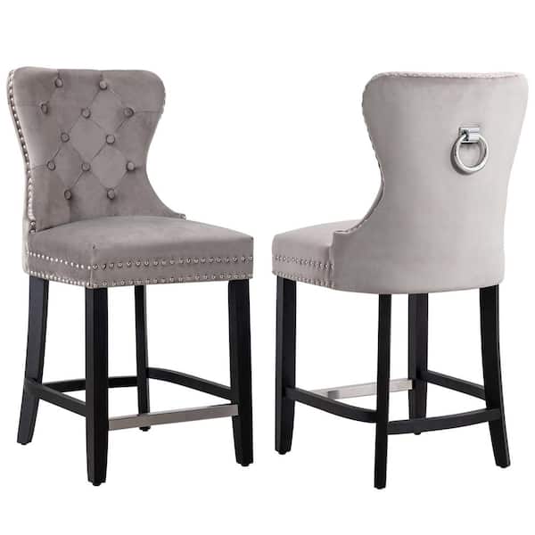 WESTINFURNITURE Harper 24 in. Gray Velvet Tufted Wingback Kitchen Counter Stool with Black Solid Wood Frame (Set of 2)