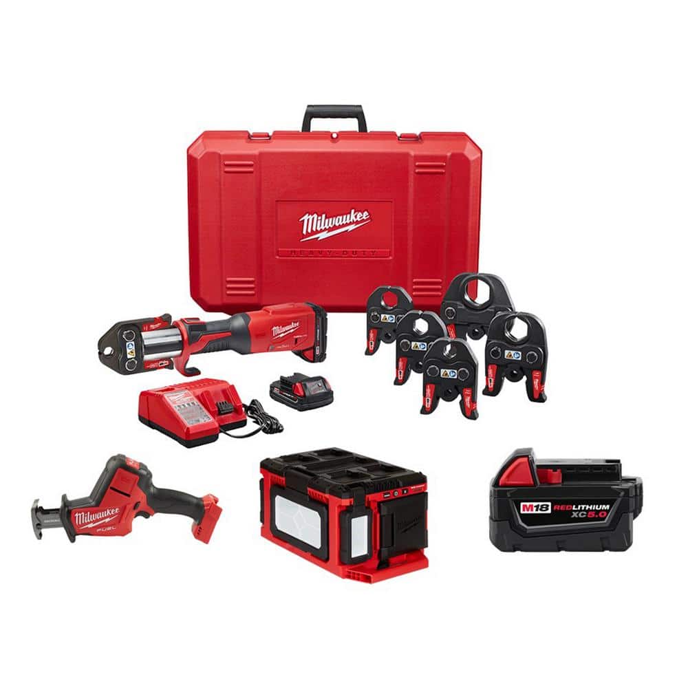 Milwaukee M18 18-Volt Lithium Brushless Force Logic Press Tool Kit with 1/2 in. - 2 in. Jaws with Hacksaw Light 5.0Ah Battery -  2922-2719-2357