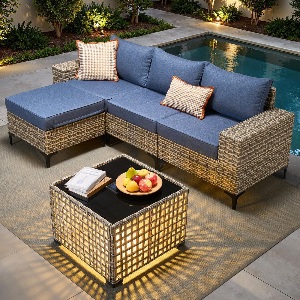 5-Piece Patio Furniture Set All-Weather Sofa Set Gray Wicker Patio Conversation Set w Table and Denim Blue Cushions price history on PriceWatchPro
