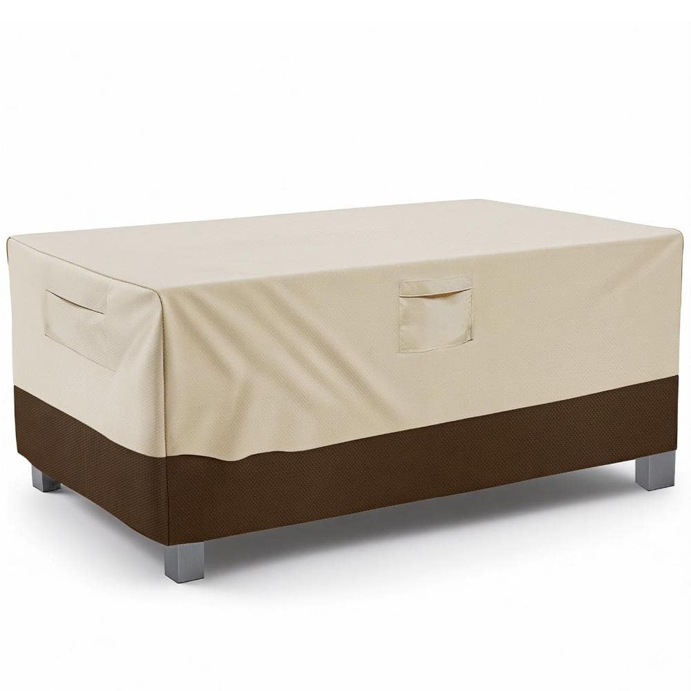 Rectangular and oval 108 in L x 70 in W x 28 in H beige and brown heavy duty oxford outdoor patio table cover