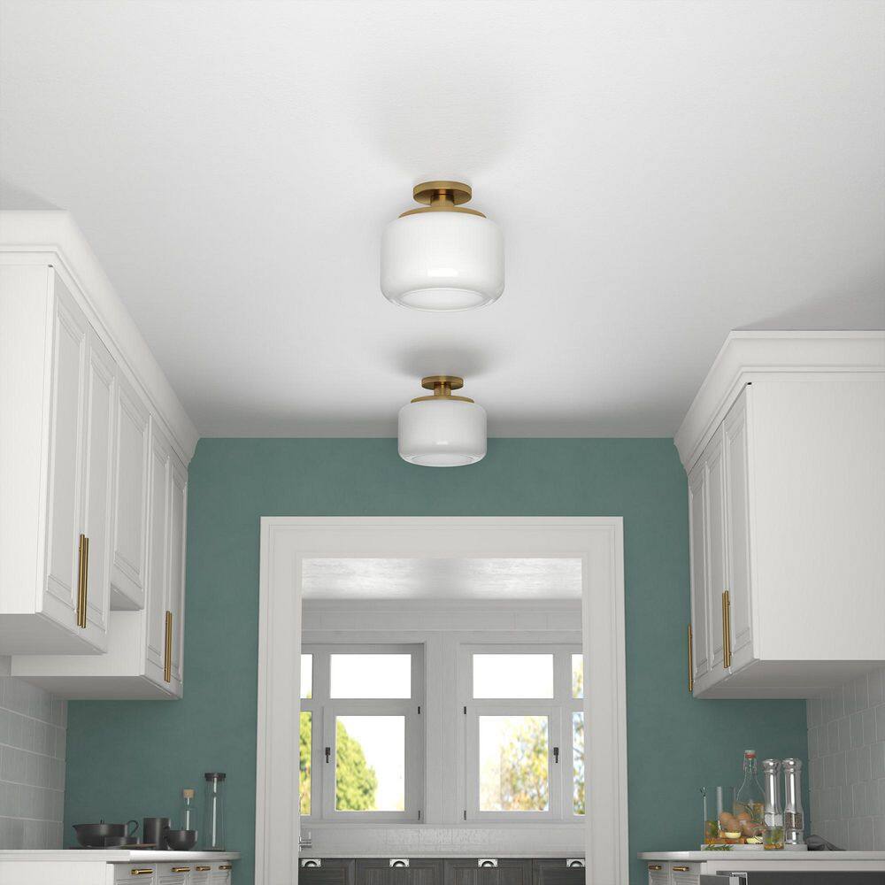 Brushed Brass and White Glass Drum Semi Flush Mount