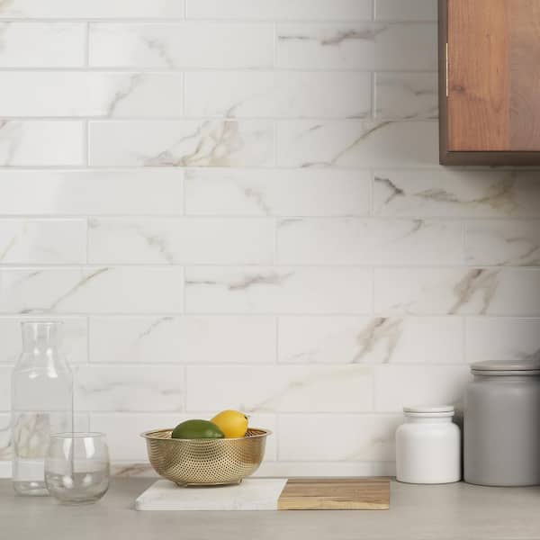 Santorini Calacatta White 2.95 in. x 11.81 in. Polished Ceramic Wall Tile (5.38 sq. ft./Case)