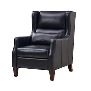 Ovill Navy Modern Genuine Leather Wingback Armchair with Pillow