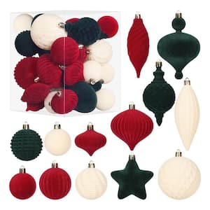 6.93 in Velvet Christmas Ornaments Set Flocked Shatterproof Coffee Beige Deep Green Hanging Decor Xmas Tree Home Party