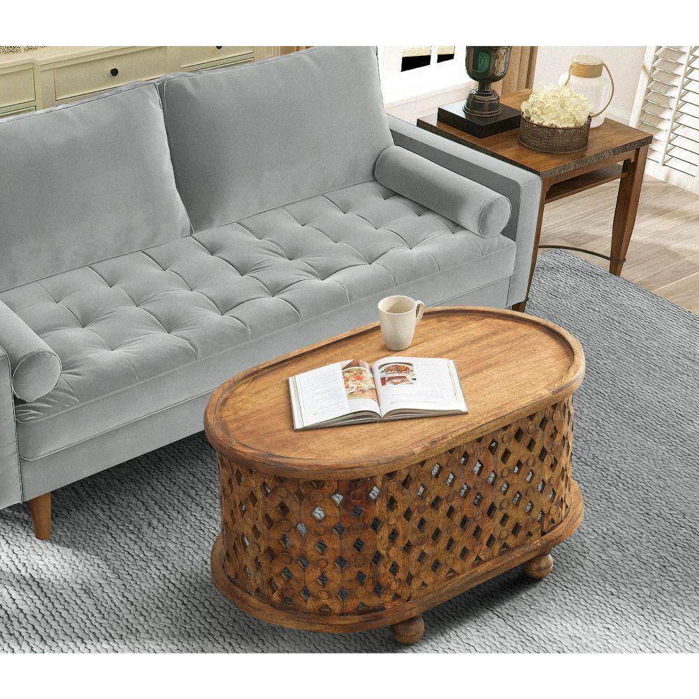 Antique Brown Oval Mango Wood Coffee Table with Cutout Design