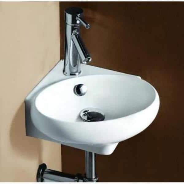 Compact White Ceramic Wall-Mount Corner Sink with Overflow