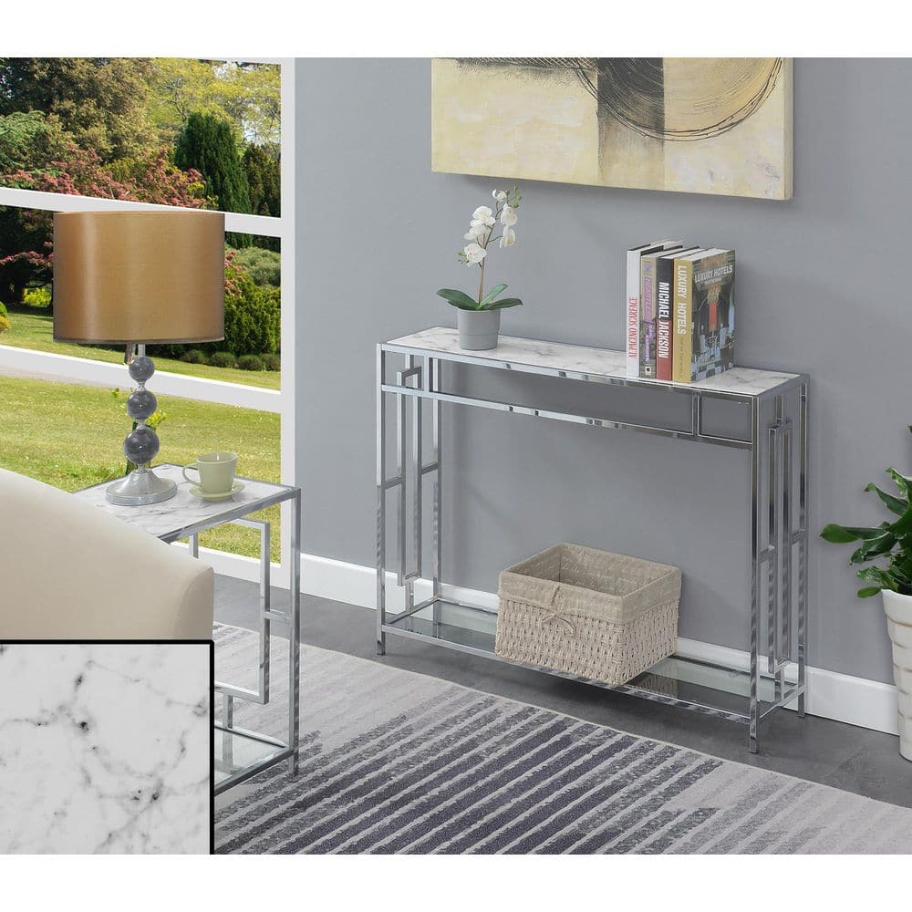 42" White Faux Marble and Chrome Console Table with Clear Glass Shelf