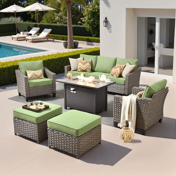 Vinea Gray 5-Piece Wicker Outdoor Patio Chat Soft Set with Green Cushion, Ottomans & 43" Fire Pit Table for Garden