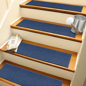 Aqua Shield Squares Navy 8.5 in. x 30 in. PET Polyester Indoor Outdoor Stair Tread Covers (Set of 4)