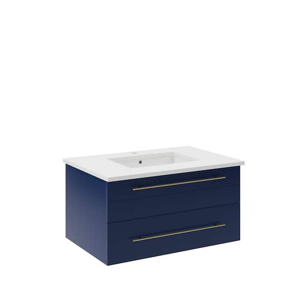 Fresca Lucera 30 in. Single Sink Wall Mount Floating Royal Blue Bath Vanity with White Quartz Top and Undermount Ceramic Sink