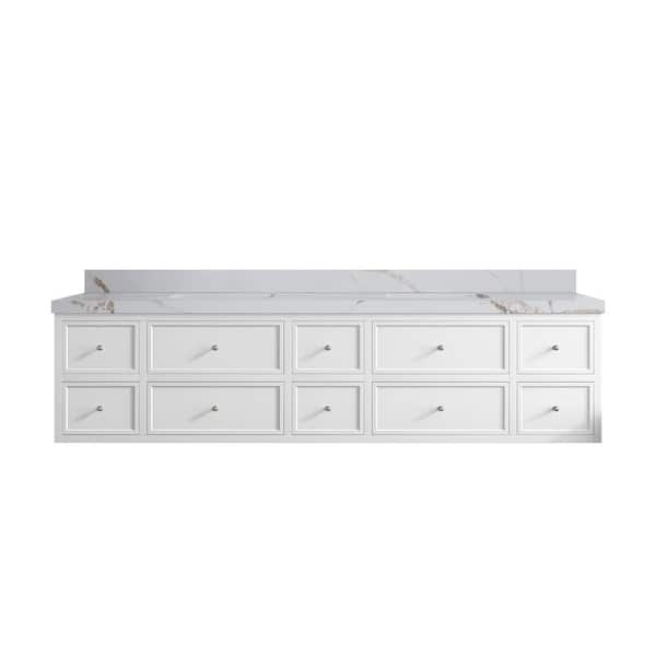 Willow Collections Roswell Floating 84 in. Double Sink Freestanding White Bath Vanity with Calacatta Gold Qt. Top Unassembled