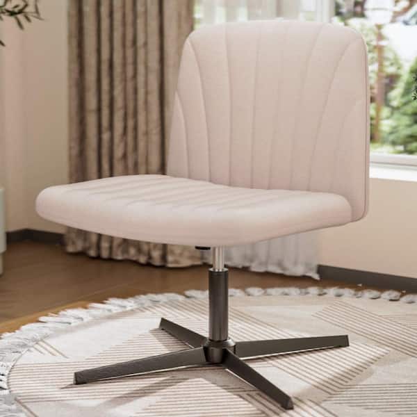 Hoffree Fabric Seat Armless Task Chair Adjustable Height Criss Cross Legged Office Chair in Beige No Wheels