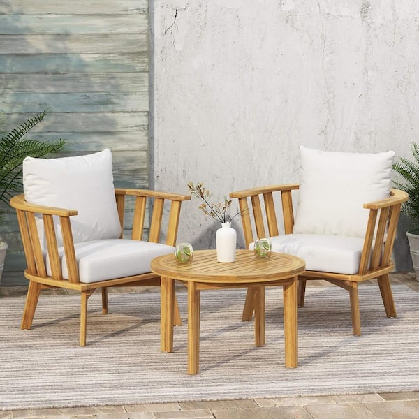 Sudzendf 3 Pieces Acacia Wood Patio Conversation Set with White Cushions, Outdoor Furniture Set for Garden, Backyard, Balcony