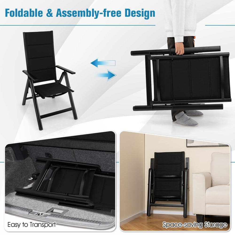 Black Aluminum Outdoor Dining Chair with Adjustable Backrest and Mesh Fabric