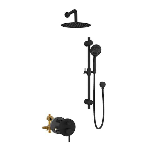 6-Spray Round Hand Shower and Showerhead Wall Combo Kit with Slide Bar and Valve in Matte Black