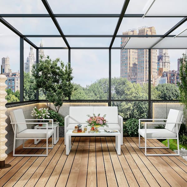 Kingdely 5-Piece Metal Patio Conversation Deep Seating Set with CushionGuard and Tempered Glass Coffee Tables White Cushions
