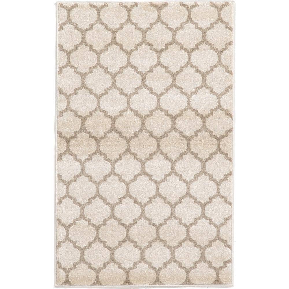 Beige and Light Brown Trellis Synthetic Rectangular Area Rug